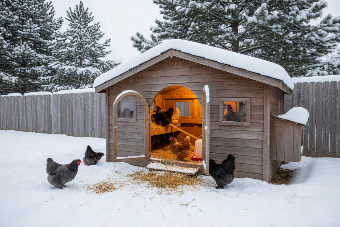 Snow-covered chicken coop in Minnesota winter — winterizing tips for backyard poultry keepers
