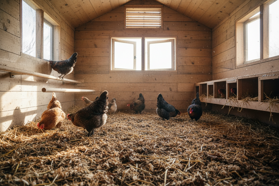 Hemp bedding layered on a chicken coop floor — deep litter method setup guide