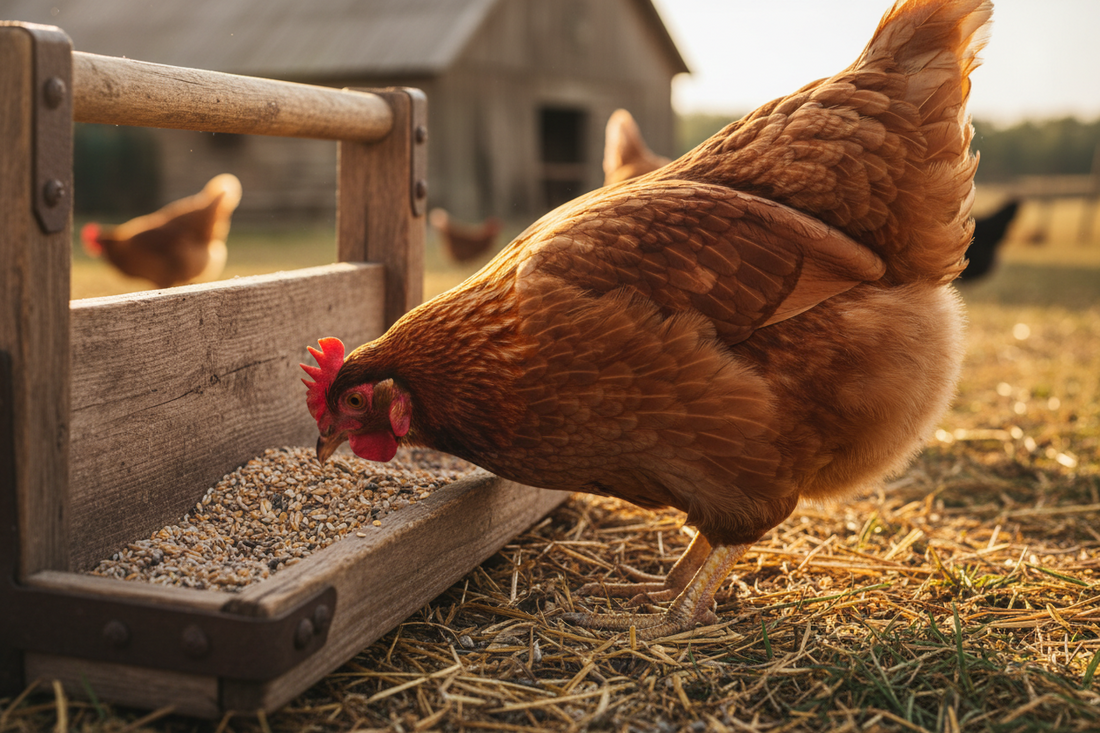 Chicken eating feed from a feeder — backyard poultry nutrition guide