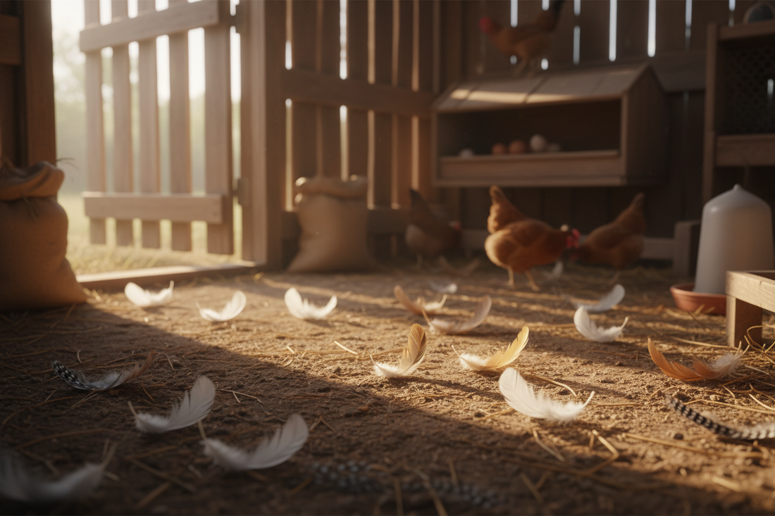 Chicken feathers on the ground during molt season — backyard flock molting guide