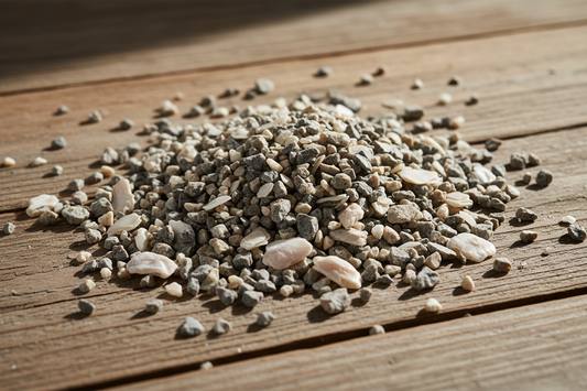 Poultry grit in a dish next to backyard chickens — why chickens need grit for digestion