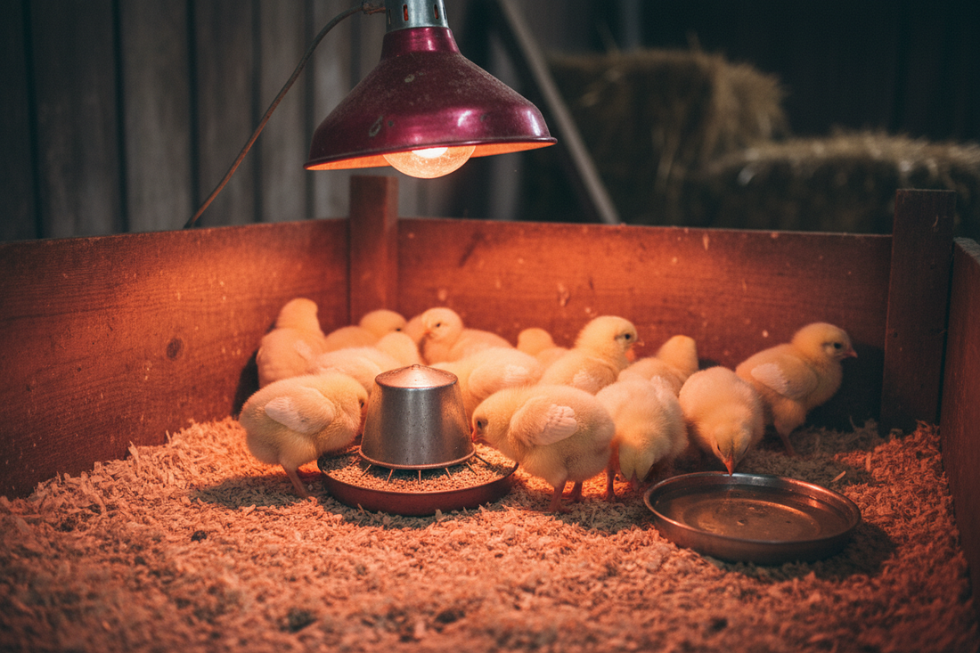 Day-old chicks in a brooder setup with heat lamp — backyard chicken starter guide