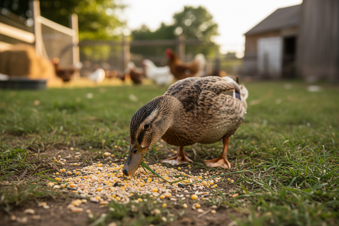 Chickens eating from a feeder — daily feed intake guide for backyard poultry
