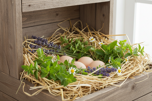 Herbs in a chicken nesting box — Roosty’s herbal blends for backyard flock health