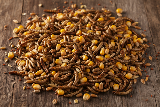 Dried mealworms and scratch grains as poultry treats for backyard chickens