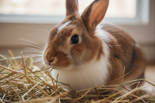 Rabbit eating hay and pellets — complete rabbit feeding guide for every life stage