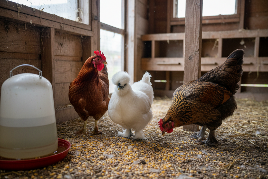Silkie, Rhode Island Red, and Brahma chickens together in a coop — guide to introducing new birds to a flock