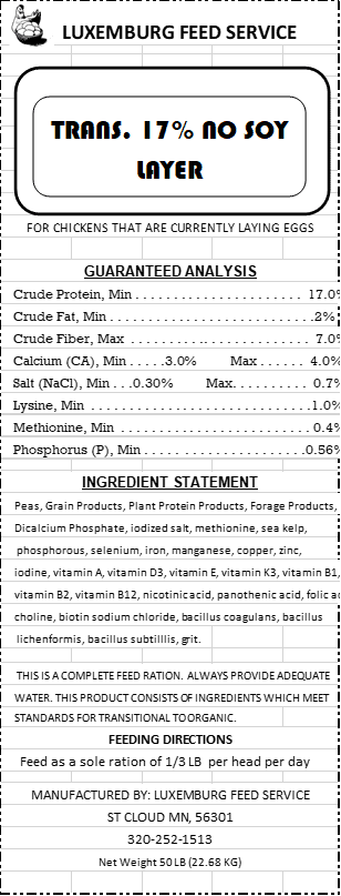 Luxemburg - 17% Non-GMO, No Soy Chicken Layer Mash, 50lbs image 1