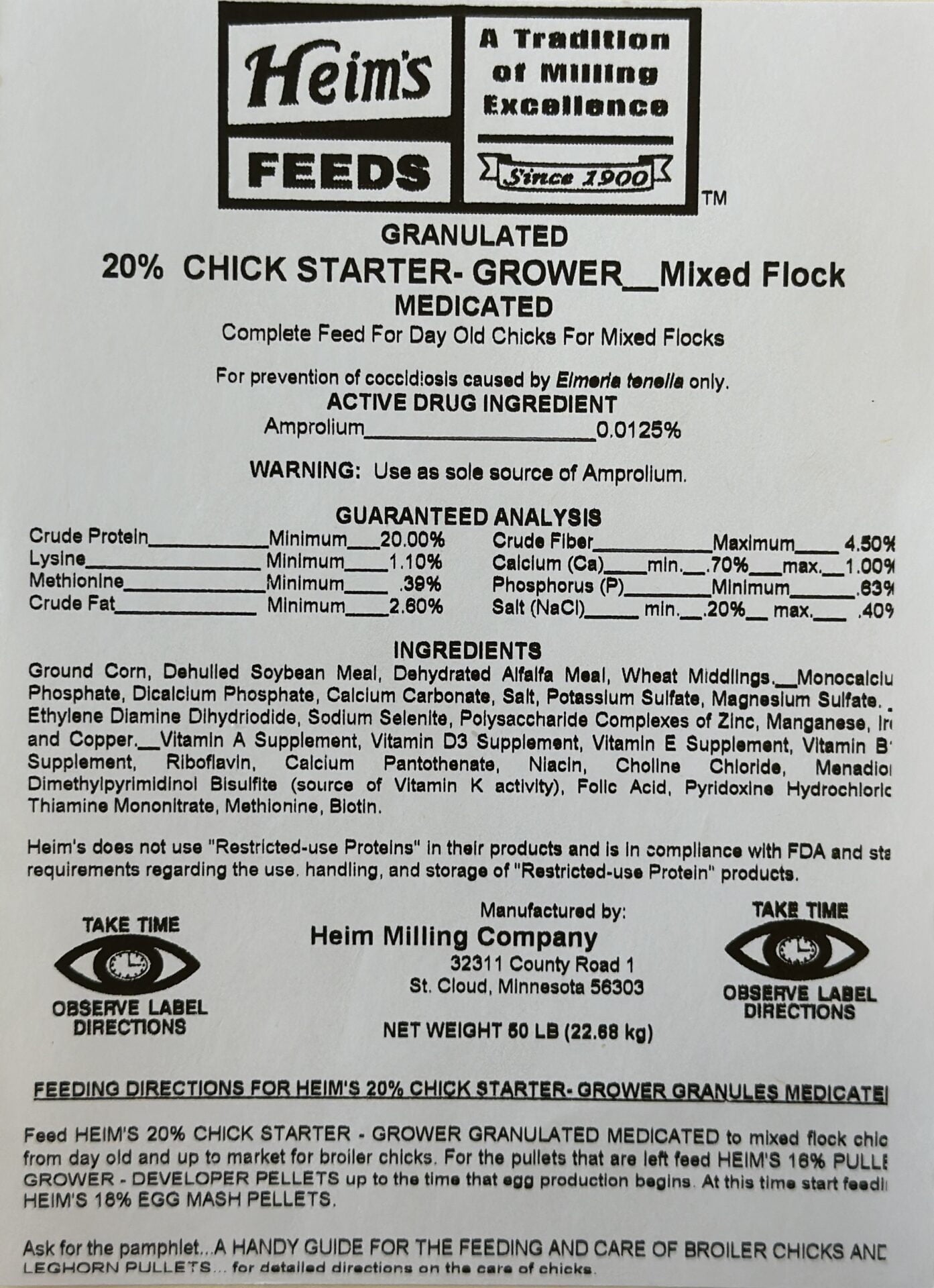 Heim Feed Mill - 20% Chick Starter-Grower Crumble (Medicated), 50lbs. image 1