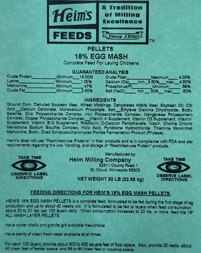 Heim Feed Mill - 18% Chicken Layer Egg Mash Pellets, 50lbs image 1